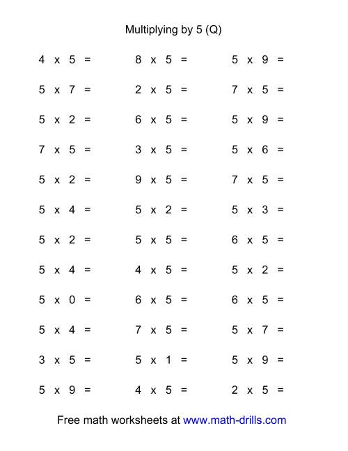 The 36 Horizontal Multiplication Facts Questions -- 5 by 0-9 (Q) Math Worksheet