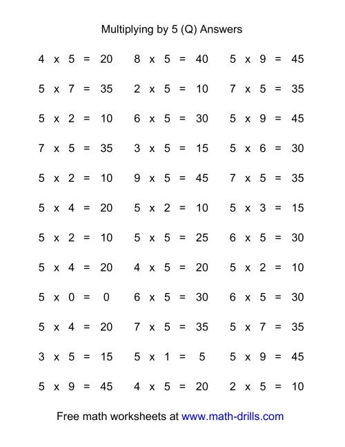 The 36 Horizontal Multiplication Facts Questions -- 5 by 0-9 (Q) Math Worksheet Page 2