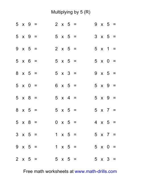 The 36 Horizontal Multiplication Facts Questions -- 5 by 0-9 (R) Math Worksheet