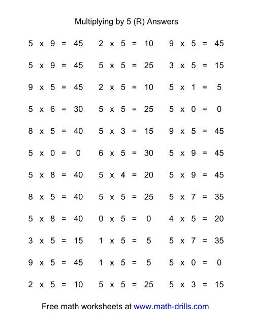 The 36 Horizontal Multiplication Facts Questions -- 5 by 0-9 (R) Math Worksheet Page 2
