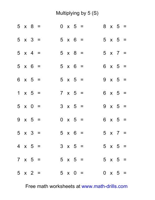 The 36 Horizontal Multiplication Facts Questions -- 5 by 0-9 (S) Math Worksheet