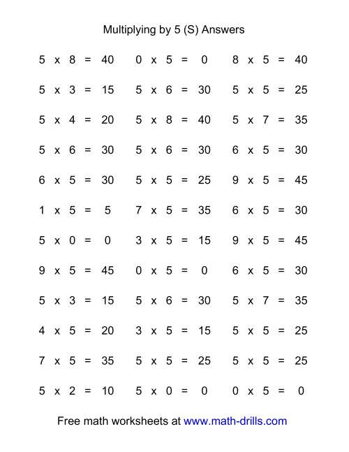 The 36 Horizontal Multiplication Facts Questions -- 5 by 0-9 (S) Math Worksheet Page 2
