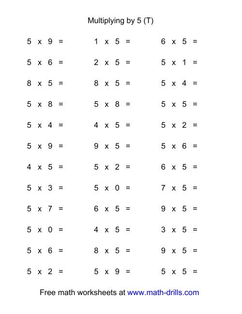 The 36 Horizontal Multiplication Facts Questions -- 5 by 0-9 (T) Math Worksheet