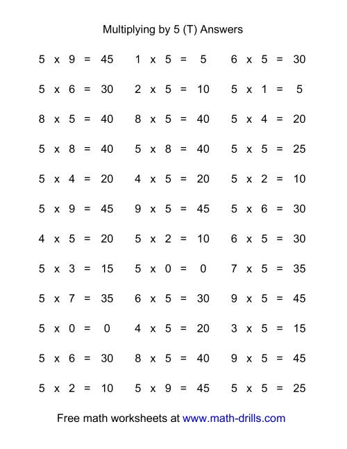 The 36 Horizontal Multiplication Facts Questions -- 5 by 0-9 (T) Math Worksheet Page 2