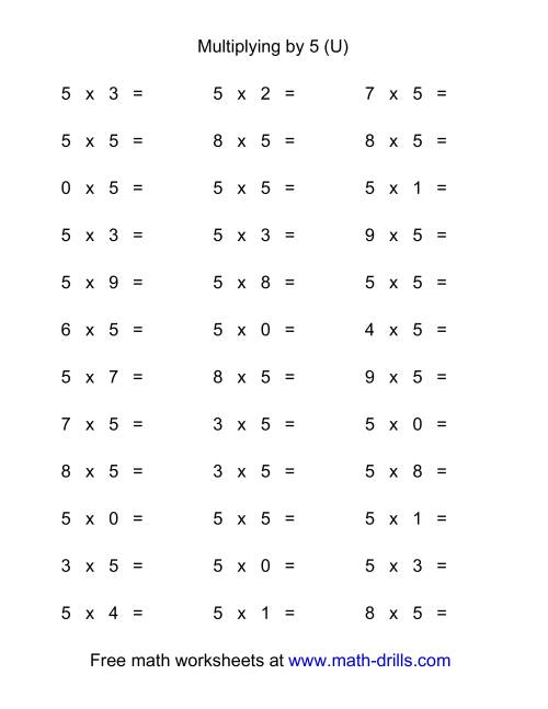 The 36 Horizontal Multiplication Facts Questions -- 5 by 0-9 (U) Math Worksheet