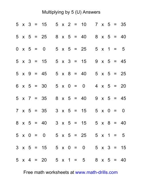 The 36 Horizontal Multiplication Facts Questions -- 5 by 0-9 (U) Math Worksheet Page 2