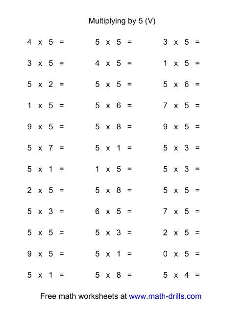 The 36 Horizontal Multiplication Facts Questions -- 5 by 0-9 (V) Math Worksheet