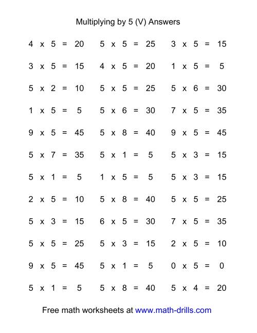 The 36 Horizontal Multiplication Facts Questions -- 5 by 0-9 (V) Math Worksheet Page 2