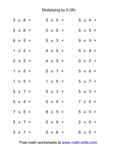 The 36 Horizontal Multiplication Facts Questions -- 5 by 0-9 (W) Math Worksheet