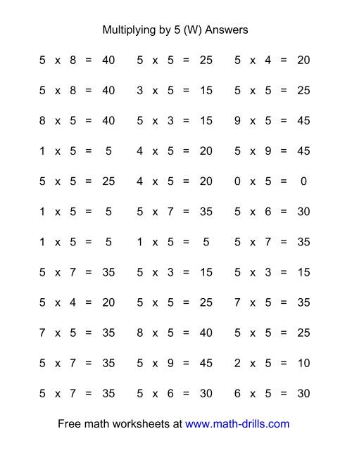 The 36 Horizontal Multiplication Facts Questions -- 5 by 0-9 (W) Math Worksheet Page 2