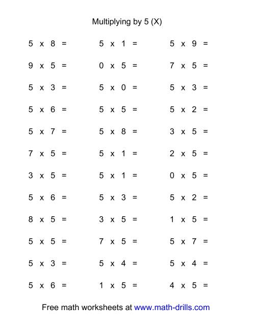 The 36 Horizontal Multiplication Facts Questions -- 5 by 0-9 (X) Math Worksheet