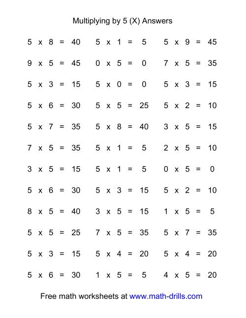 The 36 Horizontal Multiplication Facts Questions -- 5 by 0-9 (X) Math Worksheet Page 2