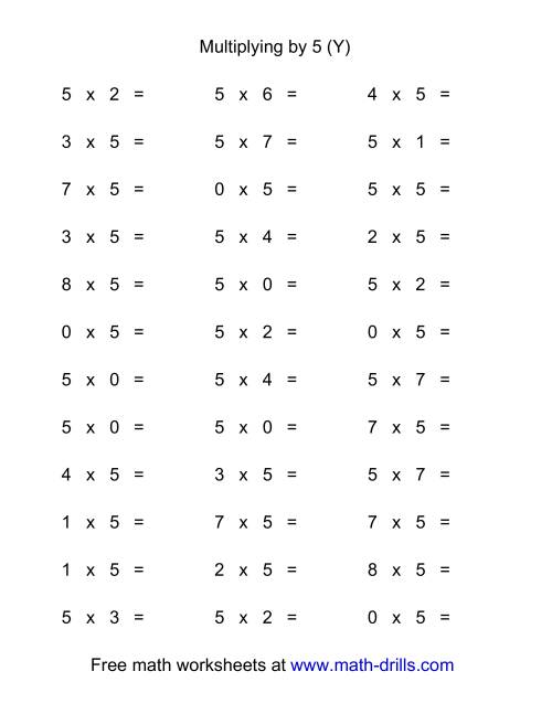 The 36 Horizontal Multiplication Facts Questions -- 5 by 0-9 (Y) Math Worksheet