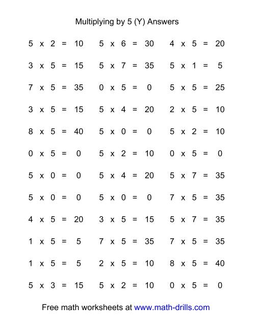 The 36 Horizontal Multiplication Facts Questions -- 5 by 0-9 (Y) Math Worksheet Page 2