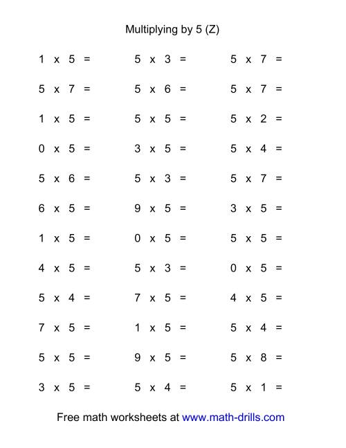 The 36 Horizontal Multiplication Facts Questions -- 5 by 0-9 (Z) Math Worksheet