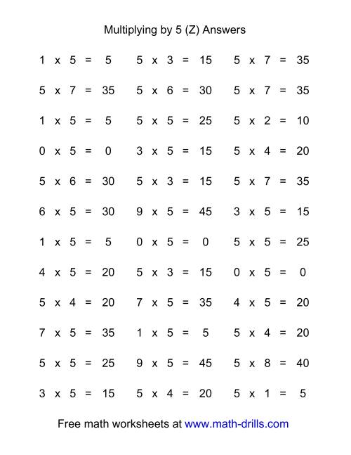 The 36 Horizontal Multiplication Facts Questions -- 5 by 0-9 (Z) Math Worksheet Page 2
