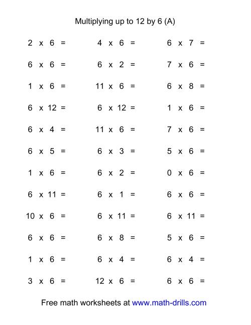 The 36 Horizontal Multiplication Facts Questions -- 6 by 0-12 (A) Math Worksheet