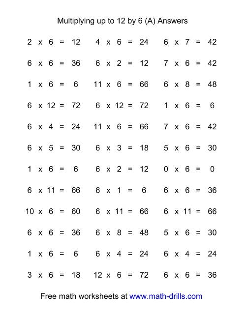 The 36 Horizontal Multiplication Facts Questions -- 6 by 0-12 (A) Math Worksheet Page 2