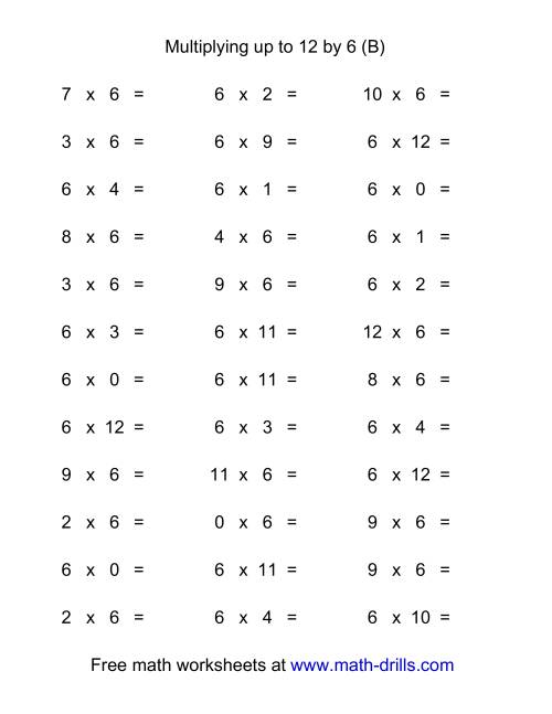 The 36 Horizontal Multiplication Facts Questions -- 6 by 0-12 (B) Math Worksheet