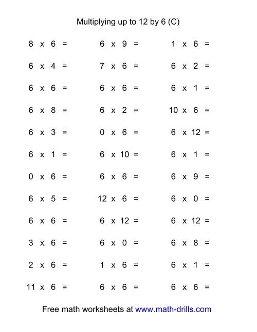 The 36 Horizontal Multiplication Facts Questions -- 6 by 0-12 (C) Math Worksheet