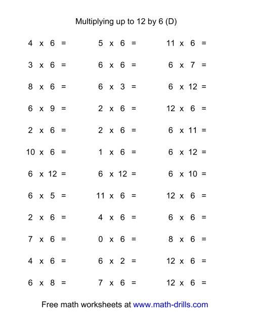 The 36 Horizontal Multiplication Facts Questions -- 6 by 0-12 (D) Math Worksheet