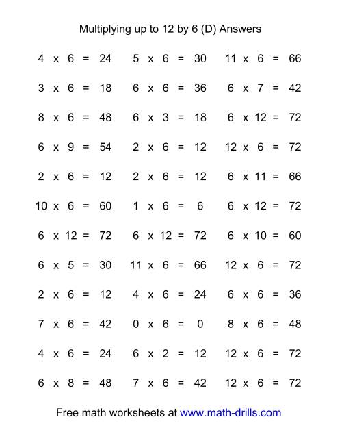 The 36 Horizontal Multiplication Facts Questions -- 6 by 0-12 (D) Math Worksheet Page 2