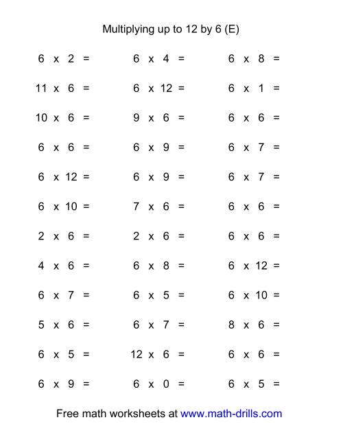 The 36 Horizontal Multiplication Facts Questions -- 6 by 0-12 (E) Math Worksheet