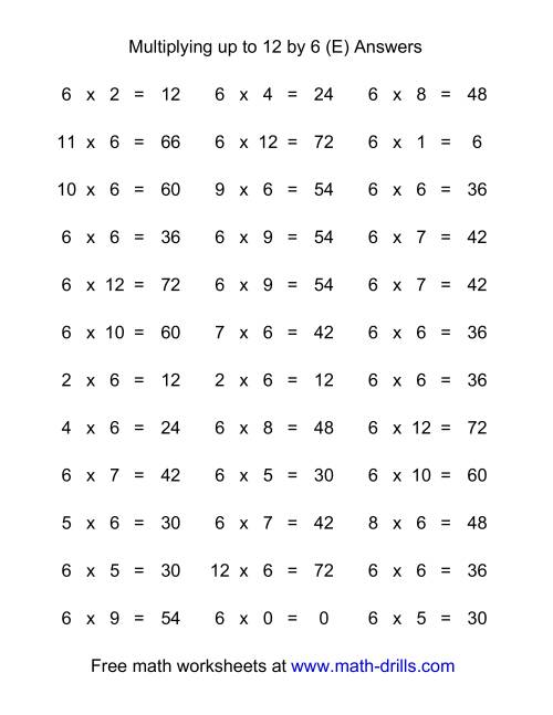 The 36 Horizontal Multiplication Facts Questions -- 6 by 0-12 (E) Math Worksheet Page 2