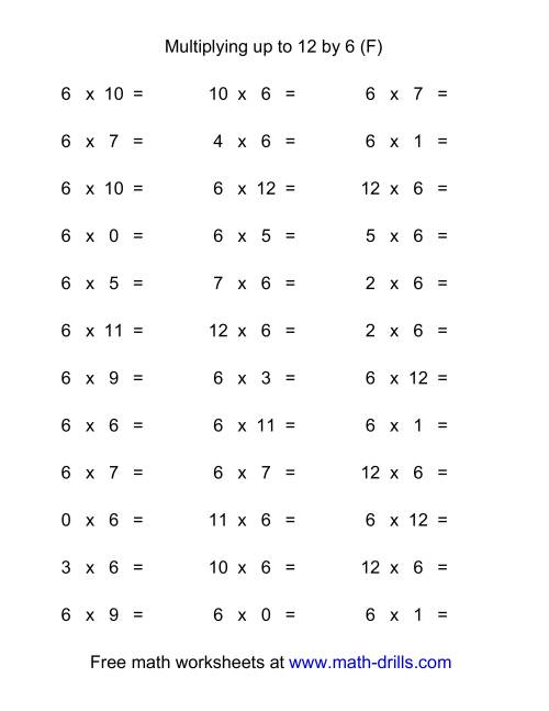 The 36 Horizontal Multiplication Facts Questions -- 6 by 0-12 (F) Math Worksheet