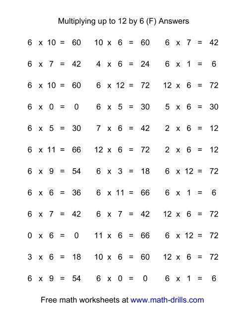 The 36 Horizontal Multiplication Facts Questions -- 6 by 0-12 (F) Math Worksheet Page 2