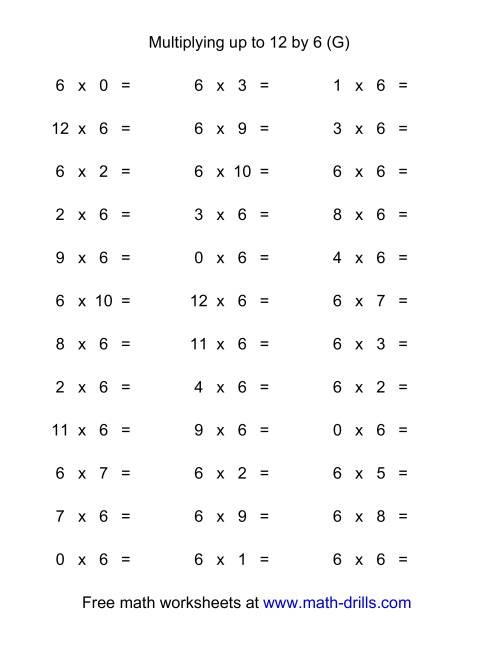 The 36 Horizontal Multiplication Facts Questions -- 6 by 0-12 (G) Math Worksheet