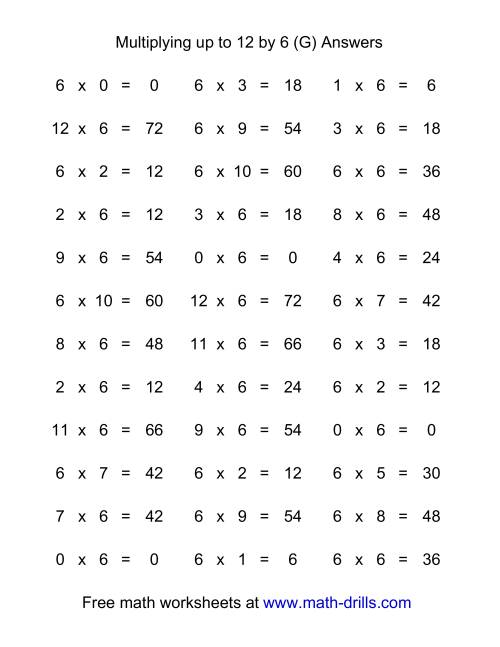The 36 Horizontal Multiplication Facts Questions -- 6 by 0-12 (G) Math Worksheet Page 2