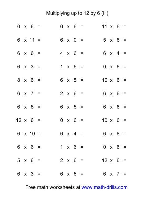 The 36 Horizontal Multiplication Facts Questions -- 6 by 0-12 (H) Math Worksheet