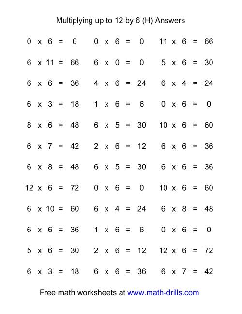 The 36 Horizontal Multiplication Facts Questions -- 6 by 0-12 (H) Math Worksheet Page 2