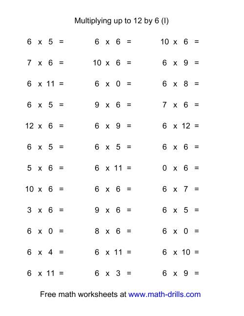 The 36 Horizontal Multiplication Facts Questions -- 6 by 0-12 (I) Math Worksheet