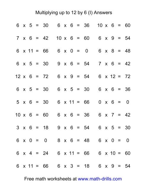 The 36 Horizontal Multiplication Facts Questions -- 6 by 0-12 (I) Math Worksheet Page 2