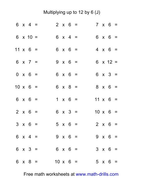 The 36 Horizontal Multiplication Facts Questions -- 6 by 0-12 (J) Math Worksheet