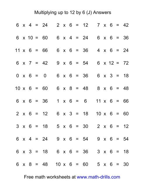 The 36 Horizontal Multiplication Facts Questions -- 6 by 0-12 (J) Math Worksheet Page 2