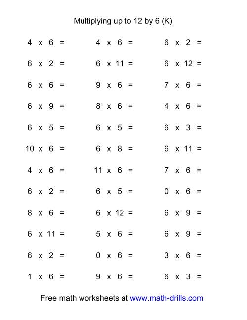 The 36 Horizontal Multiplication Facts Questions -- 6 by 0-12 (K) Math Worksheet
