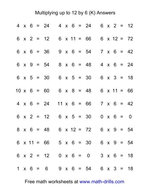 The 36 Horizontal Multiplication Facts Questions -- 6 by 0-12 (K) Math Worksheet Page 2
