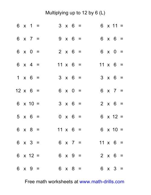 The 36 Horizontal Multiplication Facts Questions -- 6 by 0-12 (L) Math Worksheet
