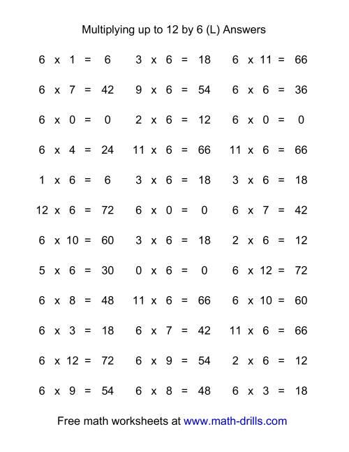 The 36 Horizontal Multiplication Facts Questions -- 6 by 0-12 (L) Math Worksheet Page 2