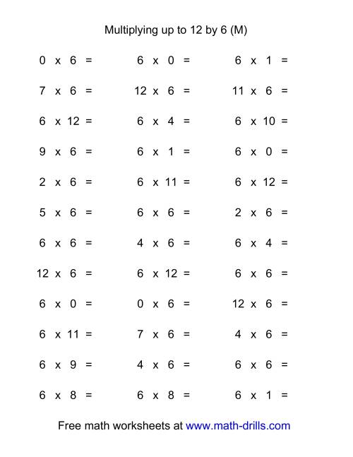 The 36 Horizontal Multiplication Facts Questions -- 6 by 0-12 (M) Math Worksheet