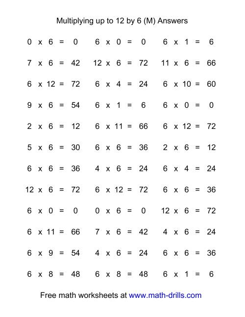 The 36 Horizontal Multiplication Facts Questions -- 6 by 0-12 (M) Math Worksheet Page 2