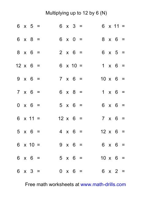 The 36 Horizontal Multiplication Facts Questions -- 6 by 0-12 (N) Math Worksheet