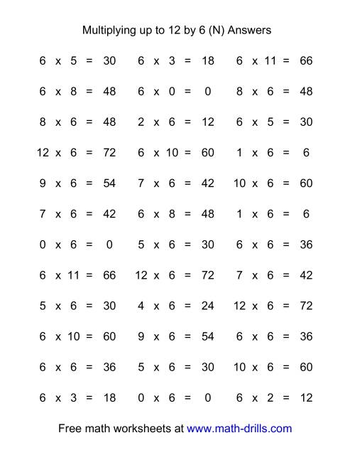 The 36 Horizontal Multiplication Facts Questions -- 6 by 0-12 (N) Math Worksheet Page 2