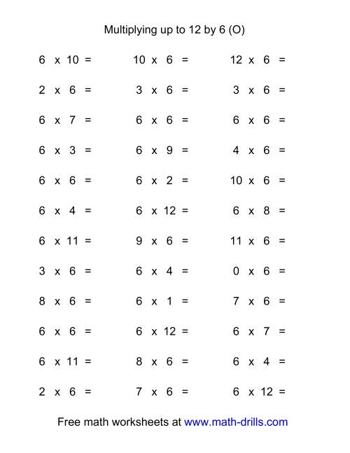 The 36 Horizontal Multiplication Facts Questions -- 6 by 0-12 (O) Math Worksheet
