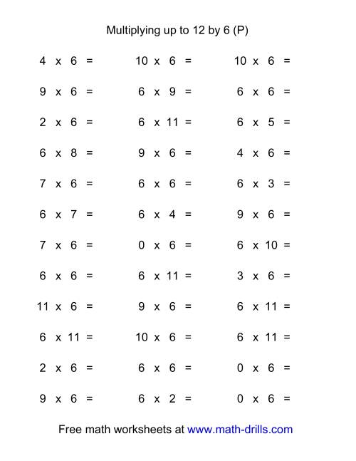 The 36 Horizontal Multiplication Facts Questions -- 6 by 0-12 (P) Math Worksheet