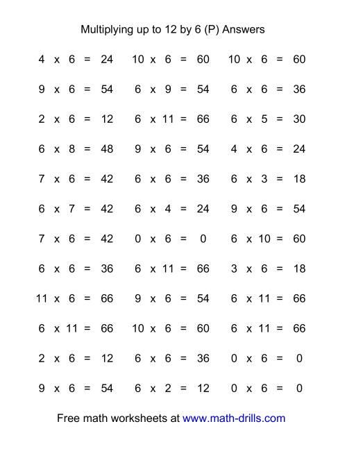 The 36 Horizontal Multiplication Facts Questions -- 6 by 0-12 (P) Math Worksheet Page 2