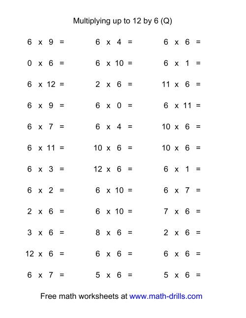 The 36 Horizontal Multiplication Facts Questions -- 6 by 0-12 (Q) Math Worksheet